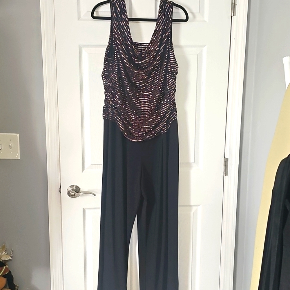 R&M Richards Black and Gold Sequin Jumpsuit